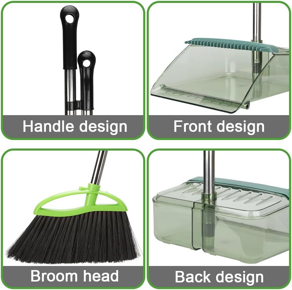 Soft Bristles Green Angle Broom and Dustpan Set, Long Handle Household Indoor Broom with Dustpan Combo Set for Room Kitchen Lobby Office Hardwood Floor Sweeping Floor Cleaning - Image 5