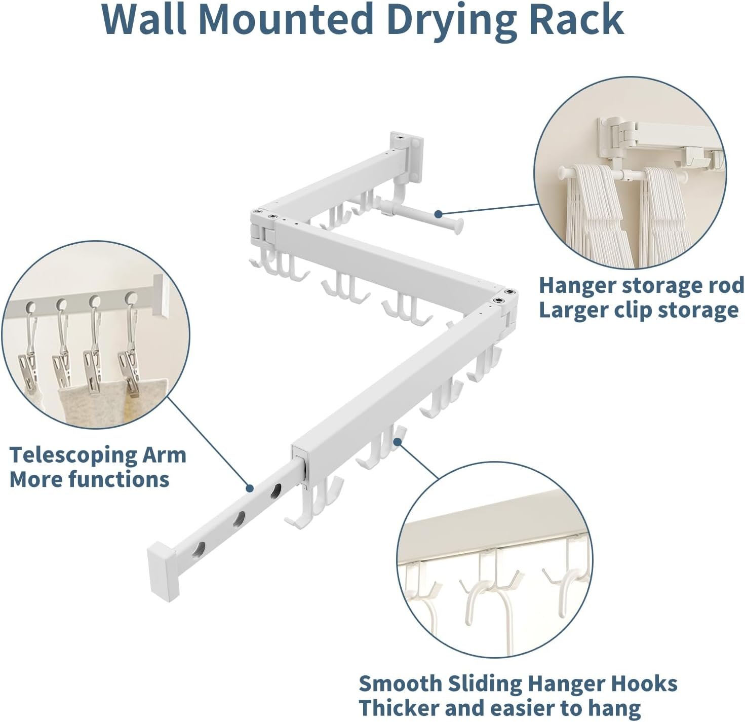 JOOM Clothes Drying Rack Wall Mounted,Folding Clothes Drying Rack,Retractable,Collapsible(Tri-Fold,Upgrade Hook),Wall Mounted Drying Rack for Laundry Balcony Bathroom (White) - Image 3