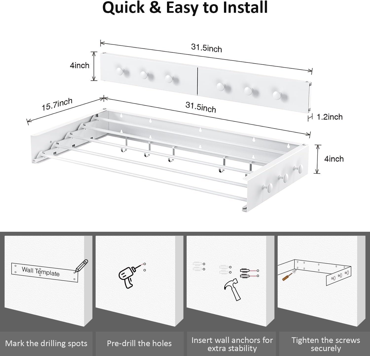 Drying Rack Clothing,Clothes Drying Rack Wall Mounted,Laundry Drying Rack Wall Mount,Foldable,Collapsible,60 lb Capacity 5 Aluminium Poles with 12 Hooks,Space Saving Clothes Drying Rack,White 31.5" - Image 3