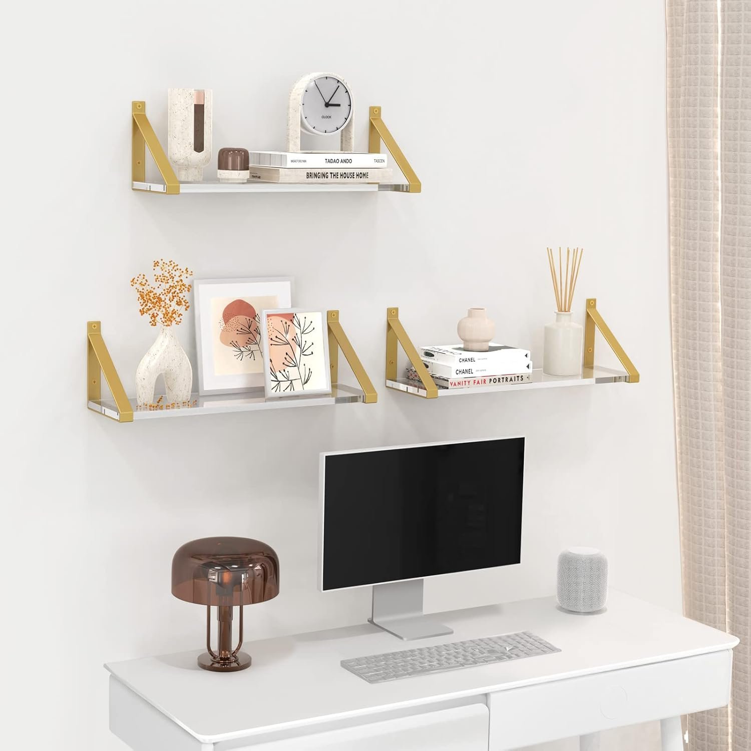 Clear Shelves, Gold Floating Shelves Wall Mounted Set of 2, 8mm Transparent Acrylic, Invisible Wall Shelves for Bedroom, Living Room, Bathroom, Kitchen, Office Display Decor (15in) - Image 3