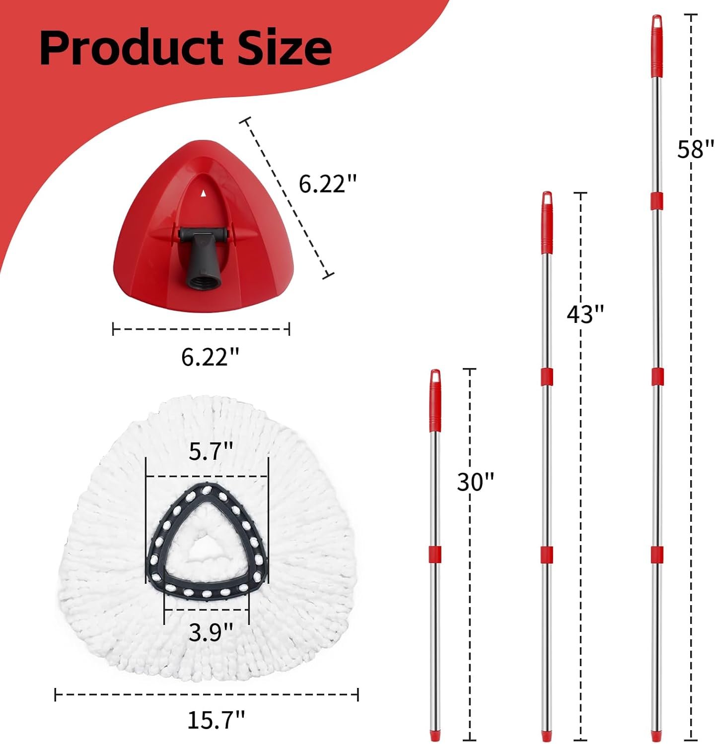 Spin Mop Replace Head, Base, Handle Compatible with O Cedar EasyWring Microfiber Spin Mop, 4 Mop Refills Replacement Heads, 30-58in Mop Handle and 1 Mop Base Combo Set (White (1-Tank System)) - Image 4