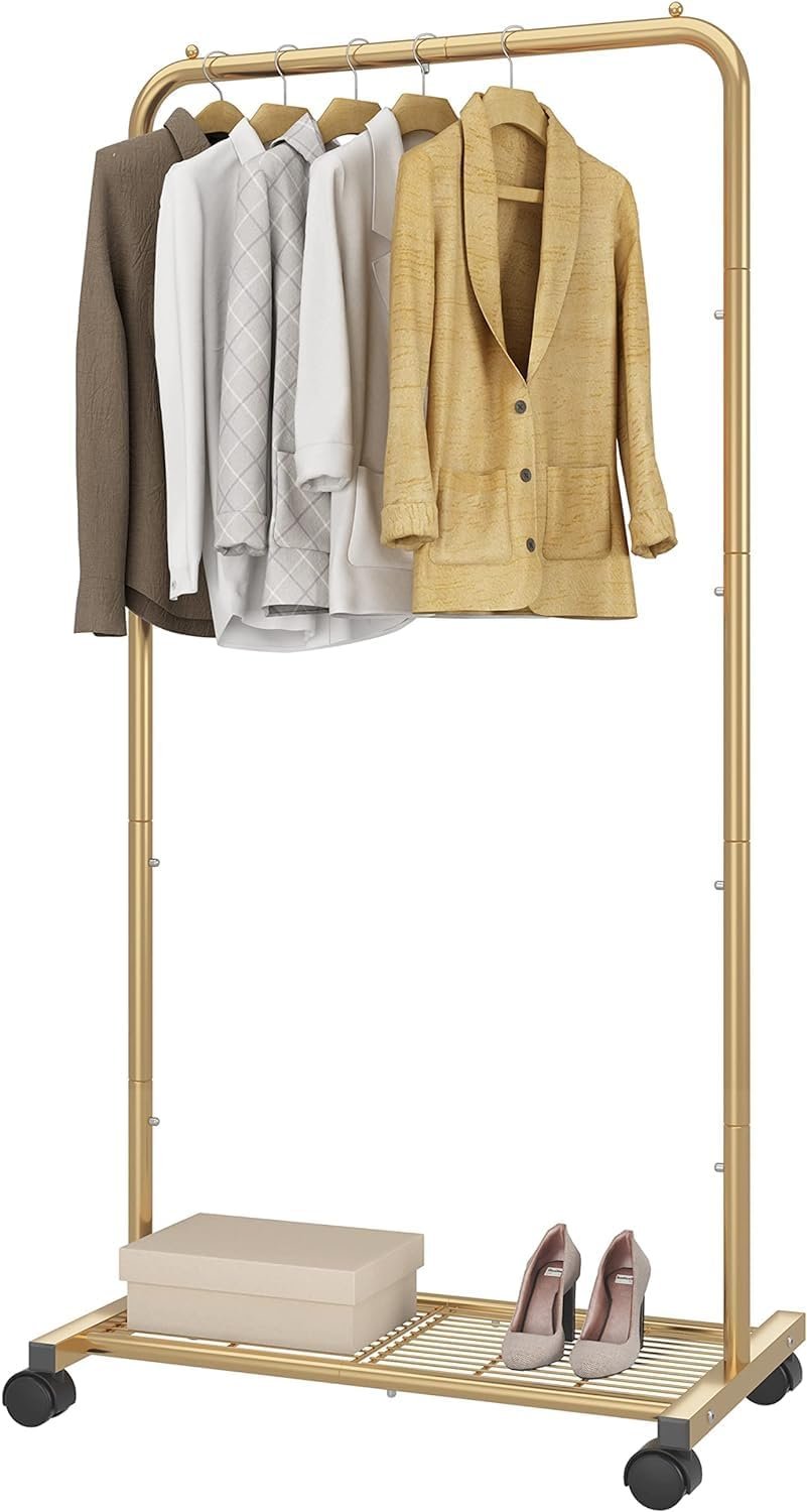 Simple Trending Standard Clothes Garment Rack, Clothing Rolling Rack with Mesh Storage Shelf on Wheels, Golden Yellow - Image 3