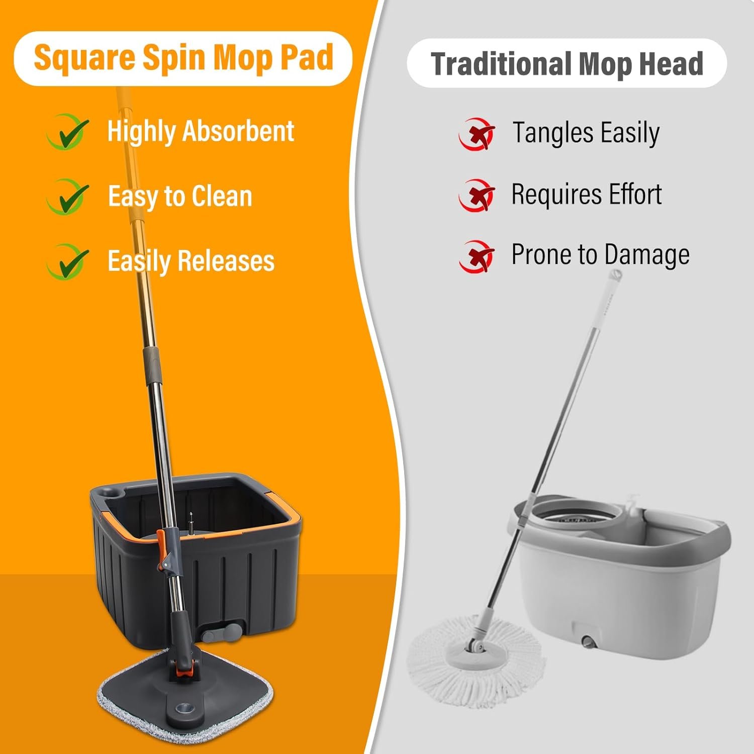 Spin Mop and Bucket Set with Self Separation Dirty and Clean Water System,Self Wringing 360° Rotating Square Clean Mop and Bucket with Wringer,Home Floor Tile Cleaning(3 Thick Mop Pads)(Black) - Image 8