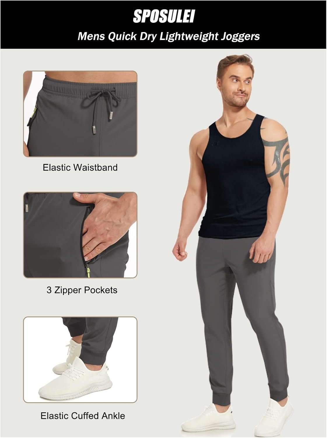 SPOSULEI Mens Joggers Lightweight Athletic Hiking Pants Quick Dry Running Track Gym Sweatpants with Zipper Pockets - Image 6