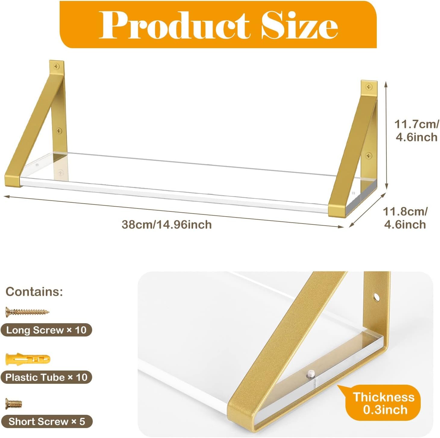 Clear Shelves, Gold Floating Shelves Wall Mounted Set of 2, 8mm Transparent Acrylic, Invisible Wall Shelves for Bedroom, Living Room, Bathroom, Kitchen, Office Display Decor (15in) - Image 4