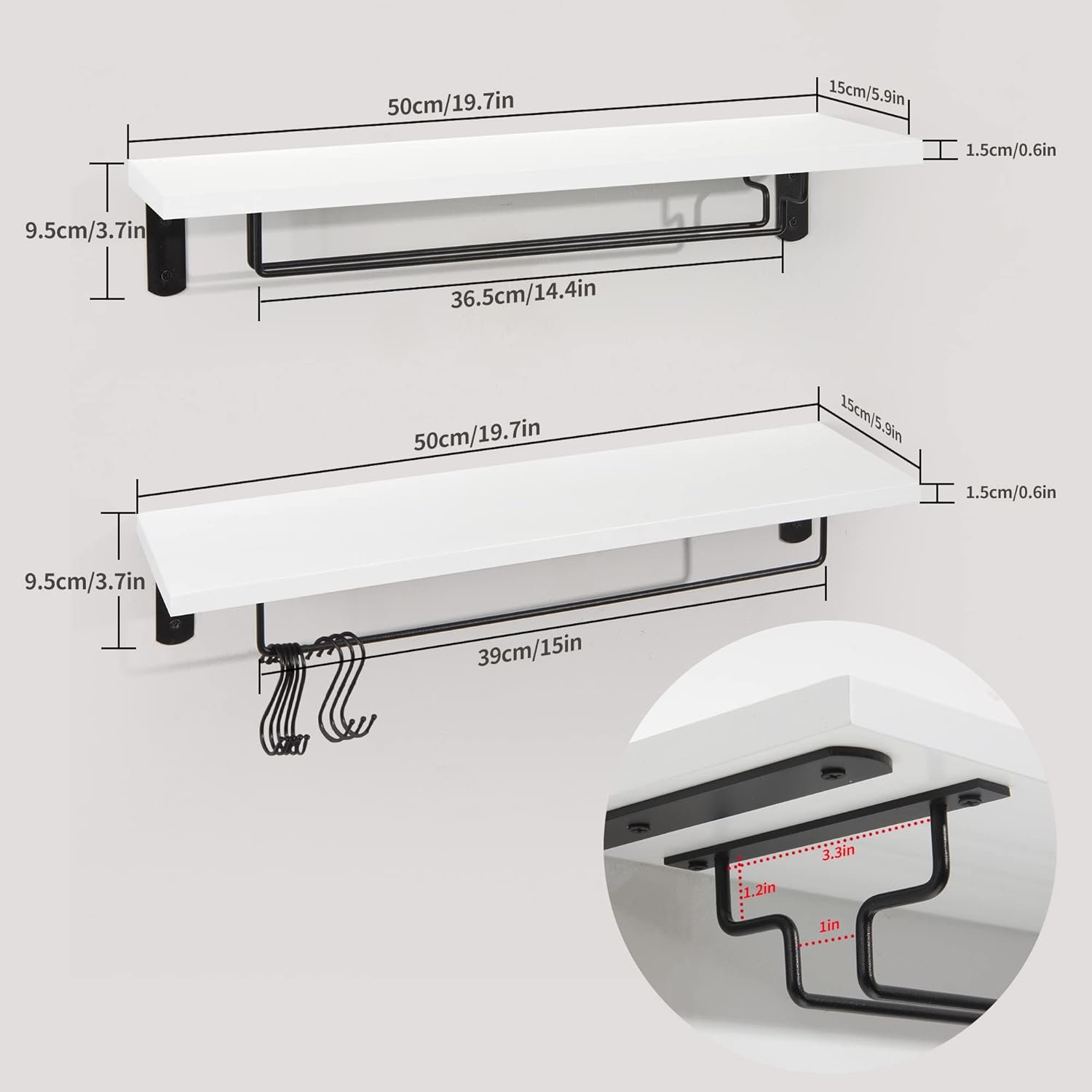 Afuly Coffee Bar Shelf, 20 Inch Wall Mounted Shelves for Mugs & Glasses, Floating Shelves with 8 Hooks, Coffee Cup Wall Holder, Set of 2 - Image 3
