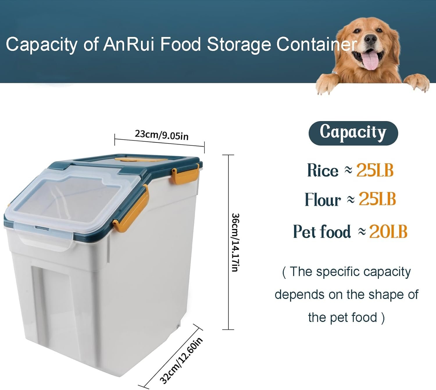 AnRui Airtight Flour Storage Container 25lb, Plastic Grain Storage Bucket, Rice Cereal Dispenser Organizer Box with Lid, Cat Dog Food Storage Bin with Measuring Cup, Scoop, Wheels, 2Pcs Blue - Image 3