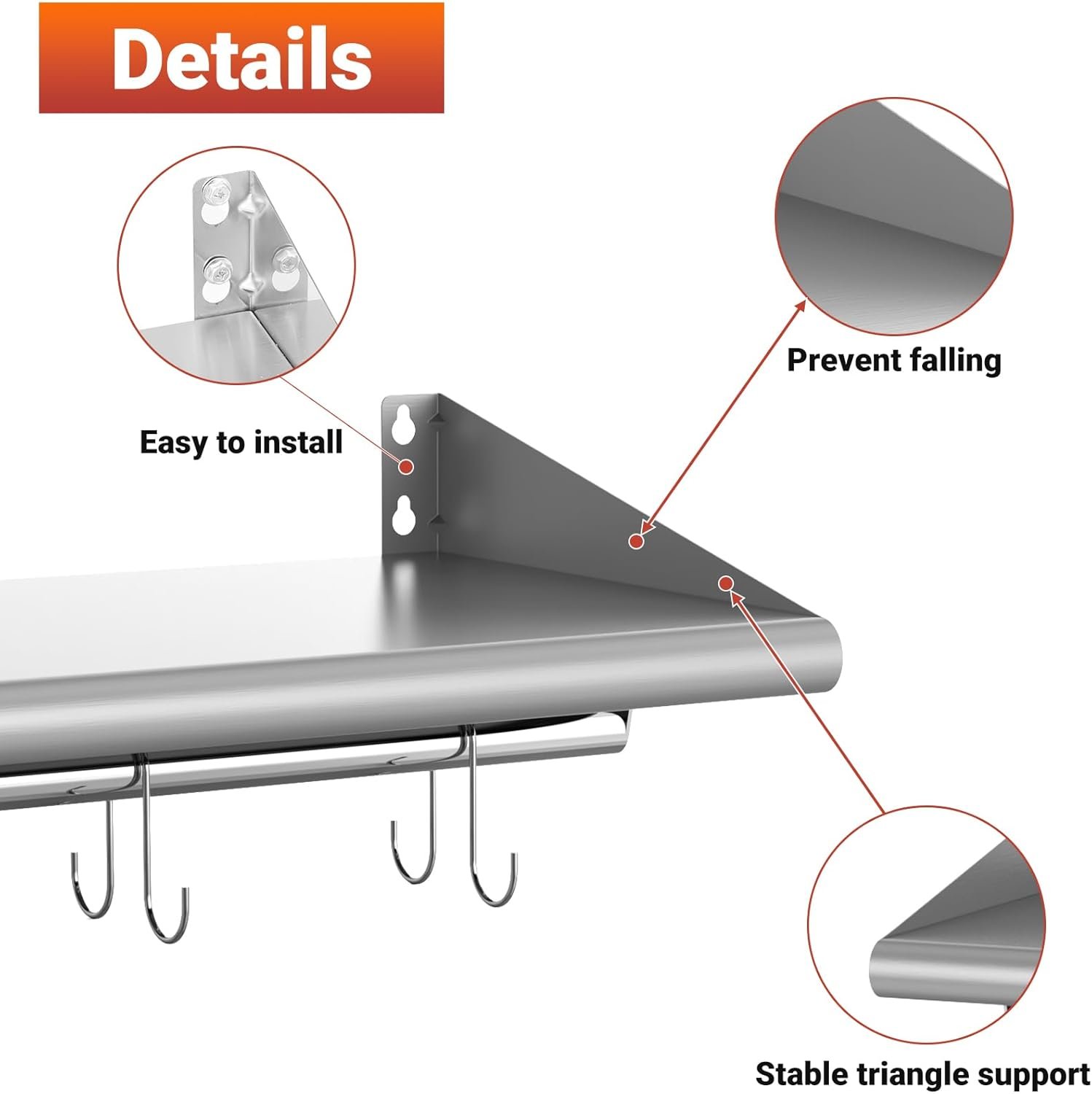 Skyflame 12" x 24" Stainless Steel Shelf with 4 Hooks, Wall Mounted Floating Shelving Storage Rack for Restaurant, Kitchen, Bathroom, Office - Image 5
