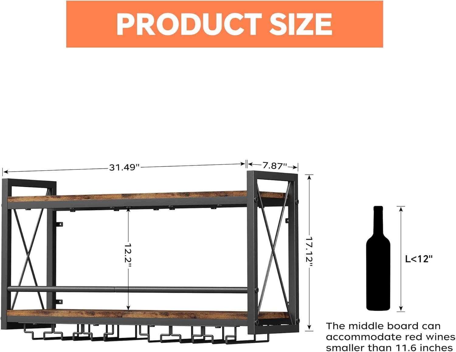 Homeiju Wall Mounted Wine Rack, Bottle & Glass Holder Wood-Metal Retro Wine Rack, Wine Bottles Display Wall Storage for Kitchen Dining Room Home Bar - Image 7