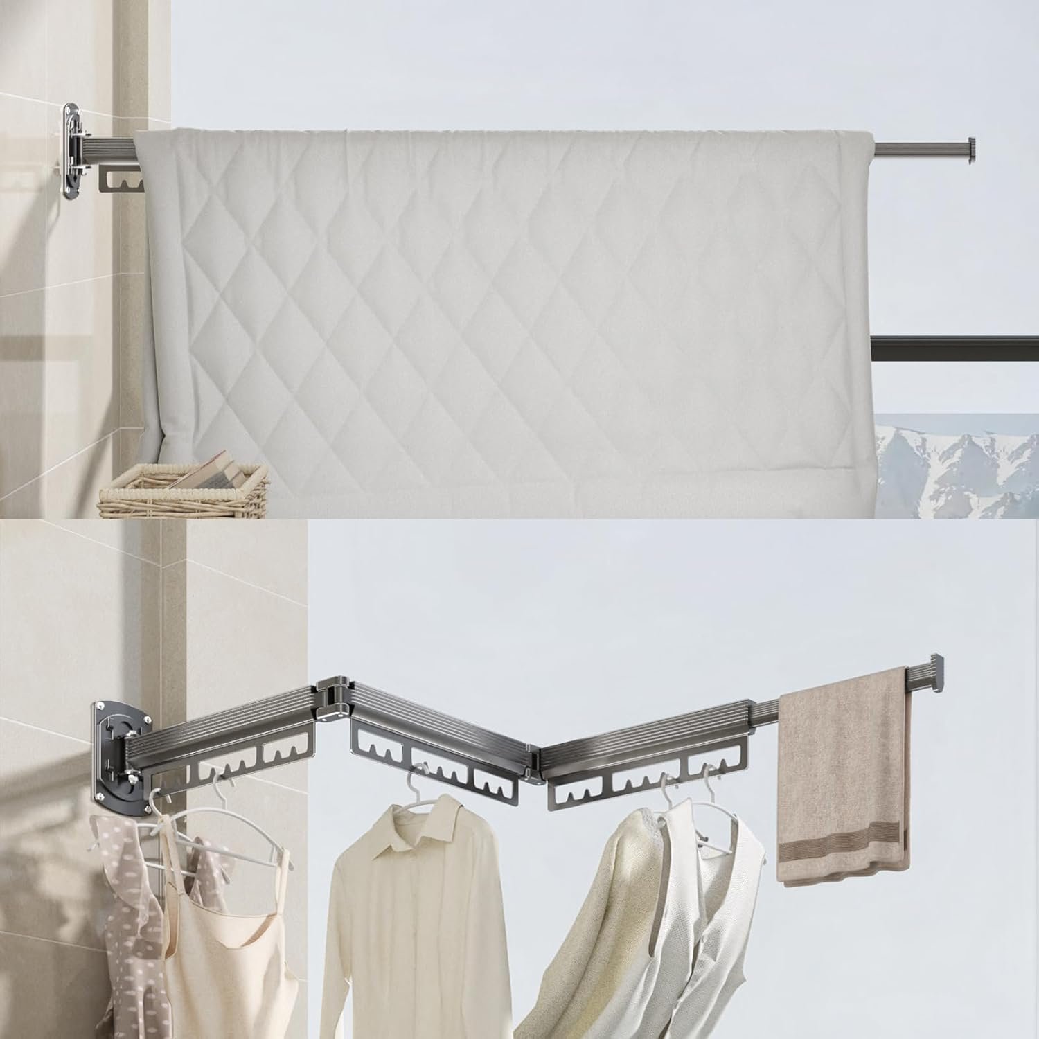 Clothes Drying Rack Wall Mounted,Expandable Drying Rack Clothing(Tri-Fold),Laundry Space Saver Wall Mounted,Portable,Space-Saving Drying Rack,for Balcony,Laundry,Bathroom, 220 lb Capacity - Image 9