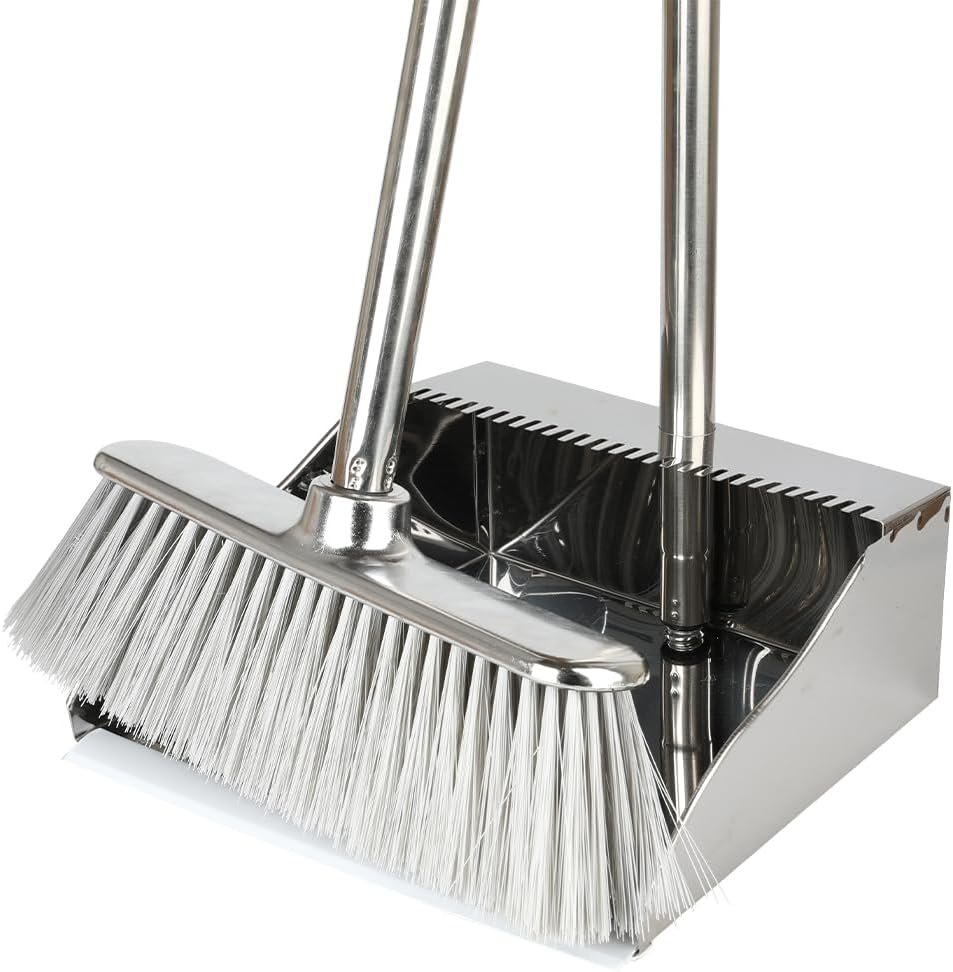 Metal Dustpan with Broom Set, Long Handle Stainless Steel Dustpan,Heavy Duty Standing Dust Pan with Teeth, Indoor Outdoor Up for Home Kitchen Lobby Room Office - Image 2