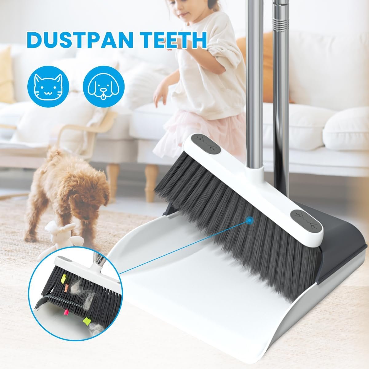 Stand Up Dustpan and Broom Set 50” Long Handle Broom with Dust Pan, 20° Angled for Ergonomic Home Office Indoor Sweeping - Image 3