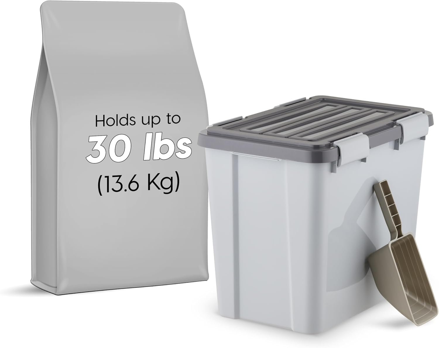 IRIS USA Stackable Dog Food Storage Container with 2 Cup Scoop, 4 Secure Latches, Fits up to 30 lbs, Pet Dry Food Bin, Gasket Seal Lid, BPA Free, Stackable, Easy Measure, Gray/Dark Gray - Image 3