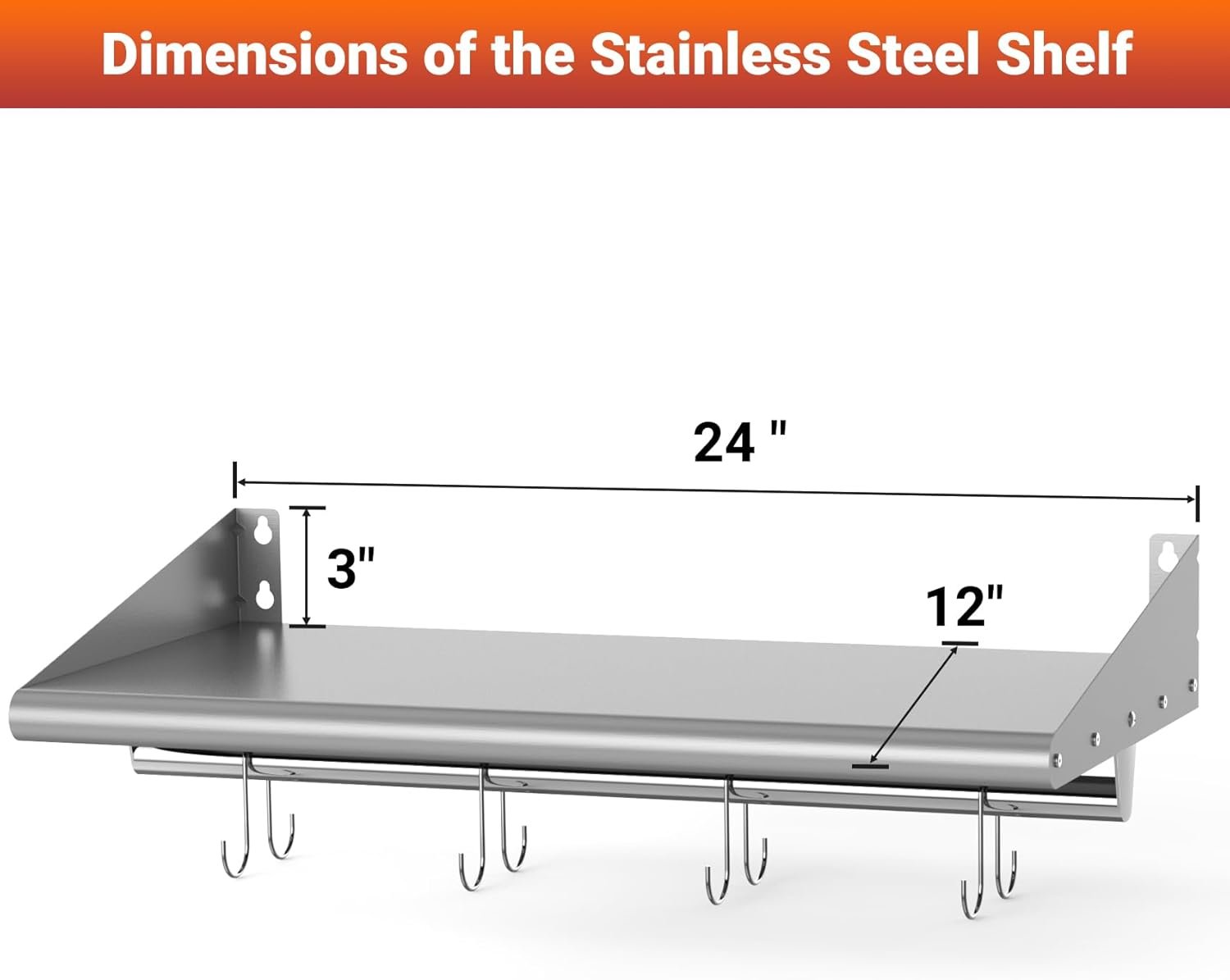 Skyflame 12" x 24" Stainless Steel Shelf with 4 Hooks, Wall Mounted Floating Shelving Storage Rack for Restaurant, Kitchen, Bathroom, Office - Image 4