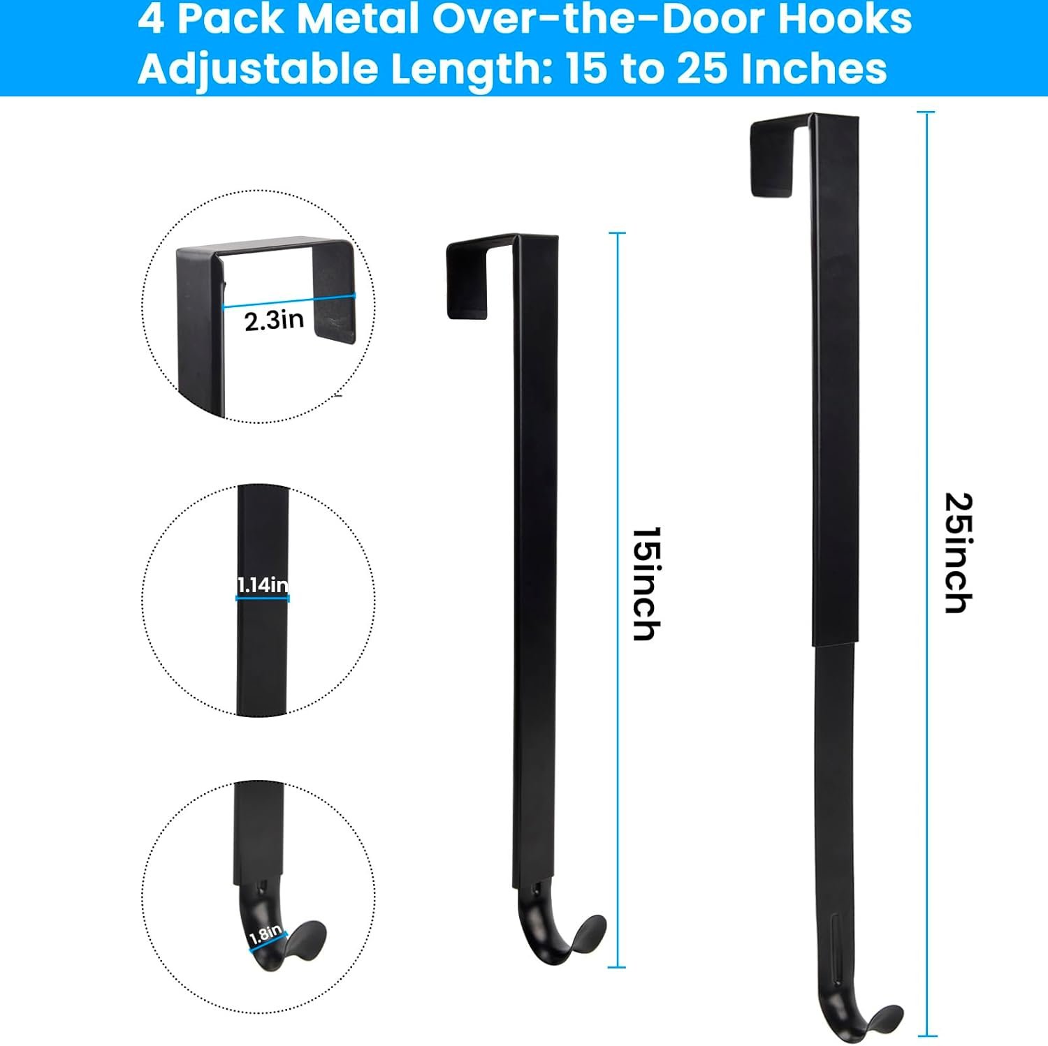 Over The Door Hooks -Adjustable Door Hook Hanger from 15-25 Inch, 4Pack Over Door Towel Rack Organizer for Bathroom, Heavy Duty Door Hook for Hanging Coat Clothes Hat, Wreath Hangers for Front Door - Image 3