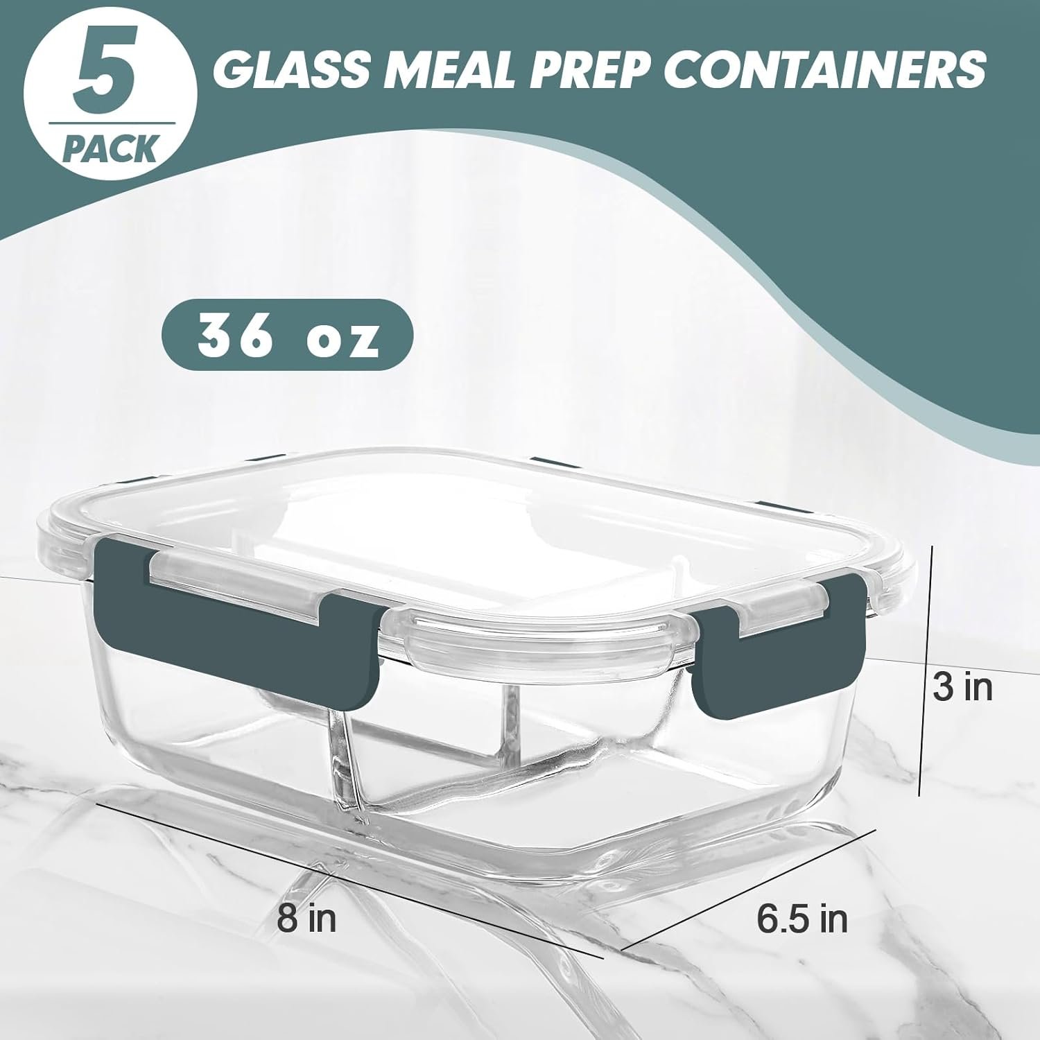 KOMUEE Glass Meal Prep Containers 3 Compartments, 5 Pack 36 oz, Glass Food Storage Containers with Lids, Airtight Lunch Bento Box, Portion Control, Freezer and Microwave Safe - Image 5