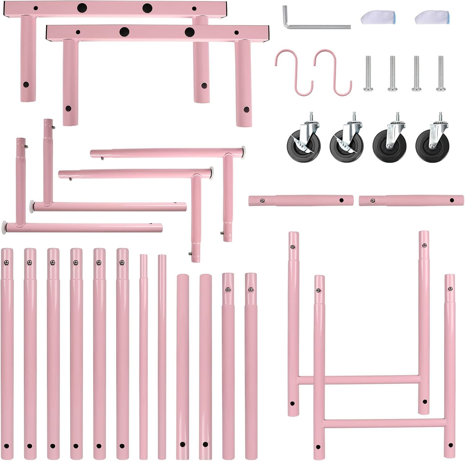 Portable Pink Double Rods Garment Rack with Rolling Clothes Organizer on Lockable Wheels Mobile for Gilr Women, 48" W x 15" D x 67" H, Metal Simple Hanging Clothes with 2 Hook - Image 8