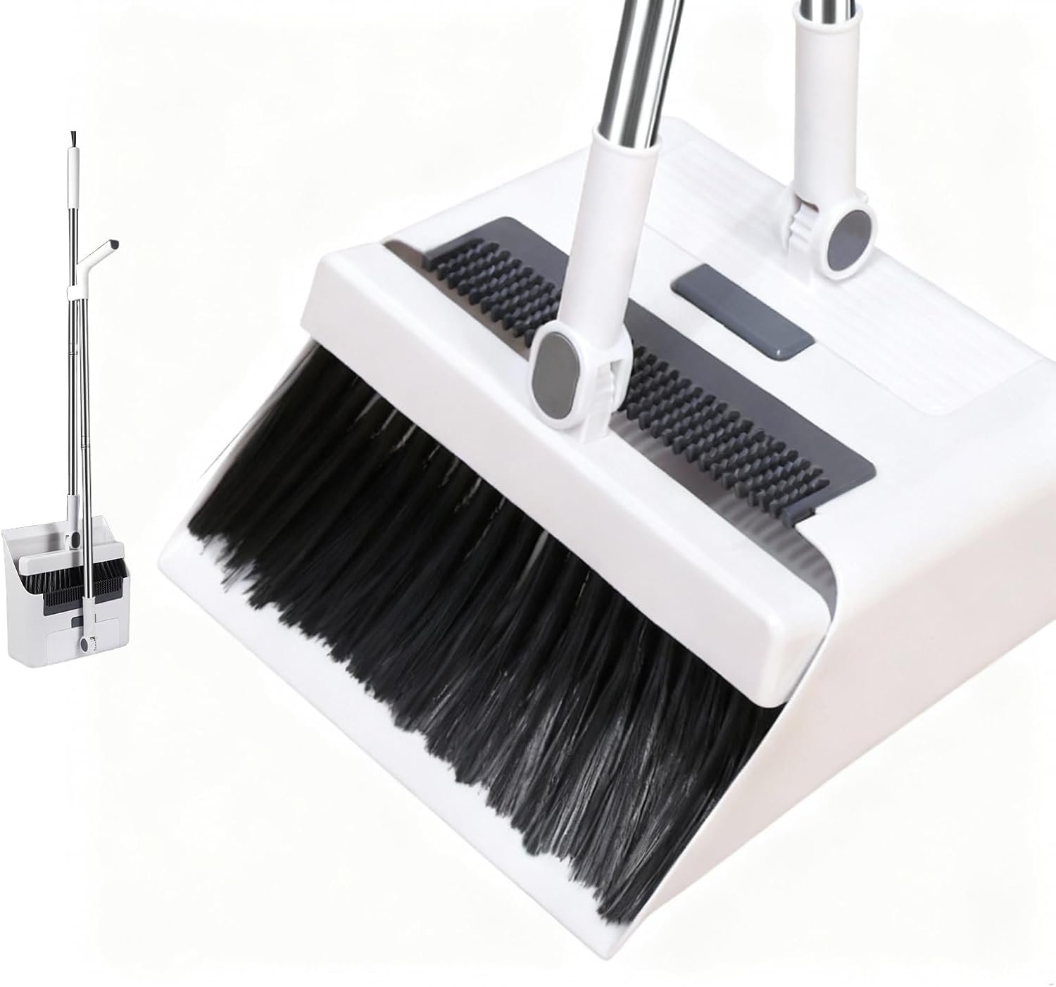 Upgrade Broom with Dustpan Combo Set,Long Handle Self-Cleaning Dust Pan and Brush Set 4-Row Dense Bristles,Indoor Broom Set (White) - Image 2