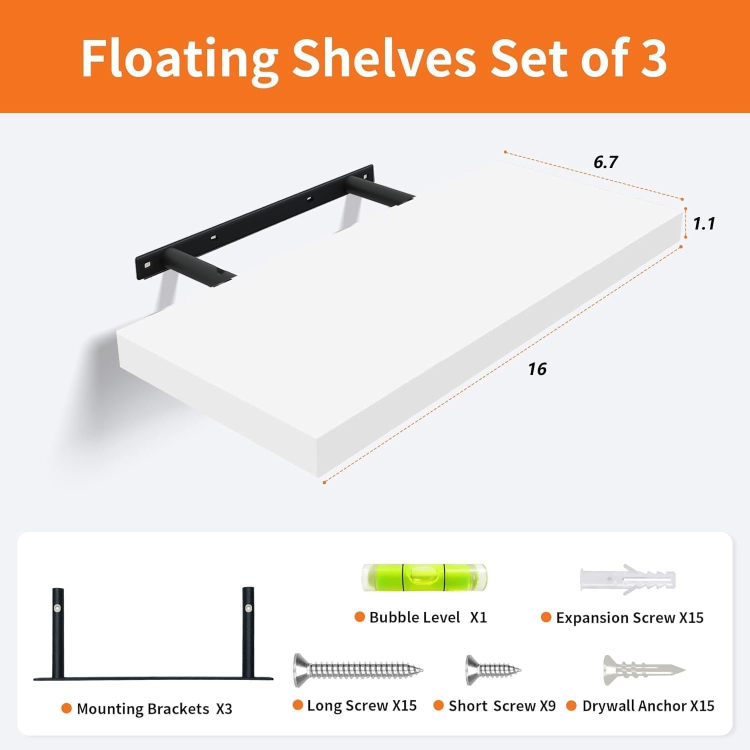 White Floating Shelves for Wall Set of 3, 16" White Shelves for Home Decor, Frame Display Wall Mounted Floating Shelf for Living Room, Bedroom, Bathroom, Kitchen - Image 4