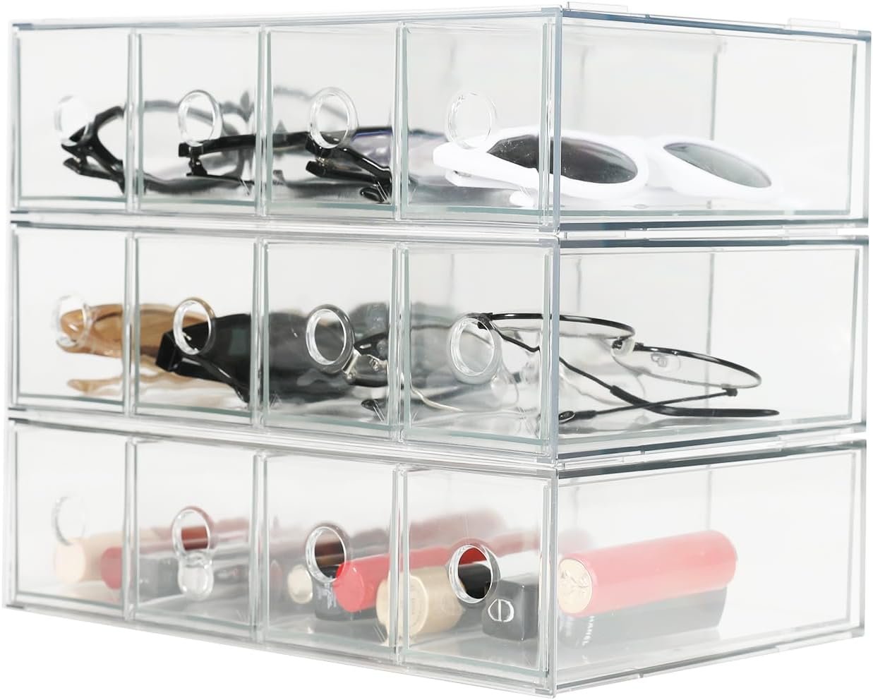 3-Pack Stackable Acrylic Storage Drawers, Desk Organizer Transparent Cosmetic Storage Boxes, 4 Compartment Design Suitable for Stationery, Dressing Table, Sunglasses, Jewelry Storage Organization - Image 9