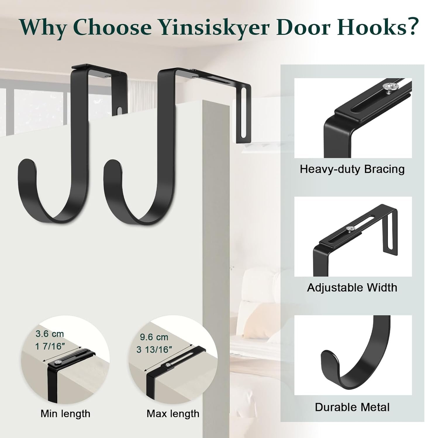 Adjustable Over The Door Hooks, Premium Metal Hooks for Hanging, Heavy Duty Door Coat Hangers and Towel Door Hangers, Cubicle Hook fits 1 3/8" to 3 1/2" Longer Panels for Wreath,Black,5 Pcs - Image 5