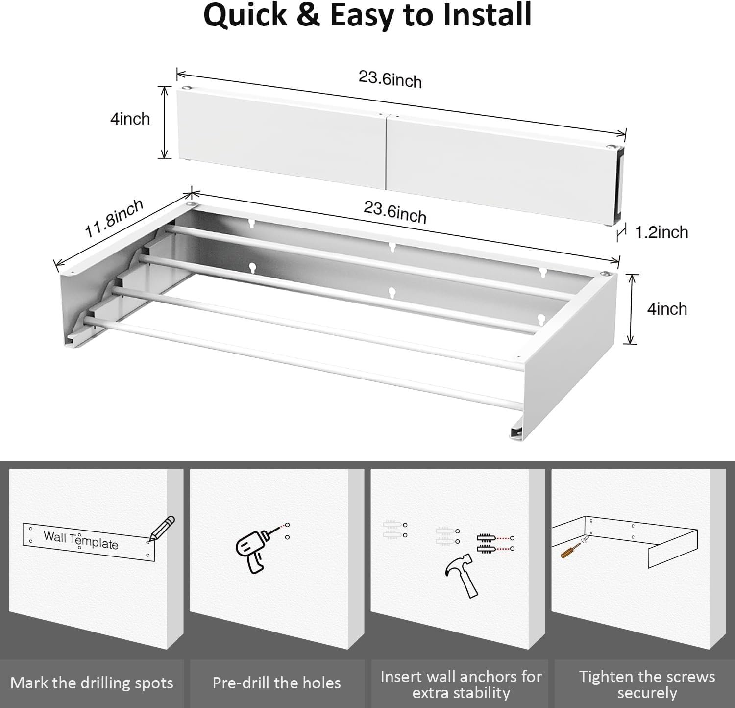 Laundry Drying Rack, Collapsible Wall Mounted Clothes Drying Rack - Drying Rack Clothing Foldable,Space Saving, 31.5" Wide, 13.2 Linear Ft, 5 Aluminum Rods, 60 lb Capacity (White, 23.6") - Image 3