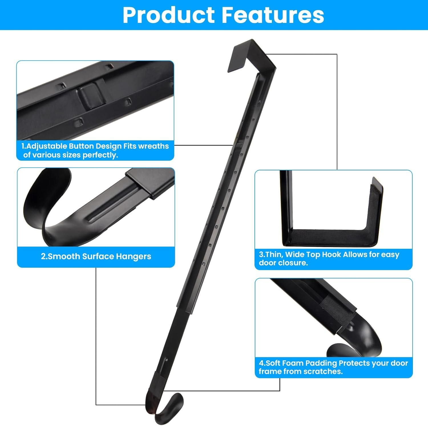 Over The Door Hooks -Adjustable Door Hook Hanger from 15-25 Inch, 4Pack Over Door Towel Rack Organizer for Bathroom, Heavy Duty Door Hook for Hanging Coat Clothes Hat, Wreath Hangers for Front Door - Image 5