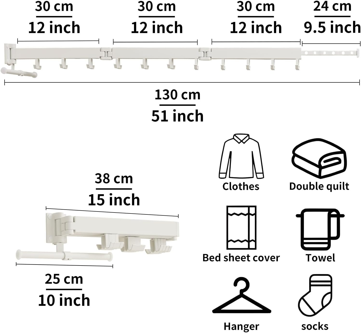 JOOM Clothes Drying Rack Wall Mounted,Folding Clothes Drying Rack,Retractable,Collapsible(Tri-Fold,Upgrade Hook),Wall Mounted Drying Rack for Laundry Balcony Bathroom (White) - Image 5