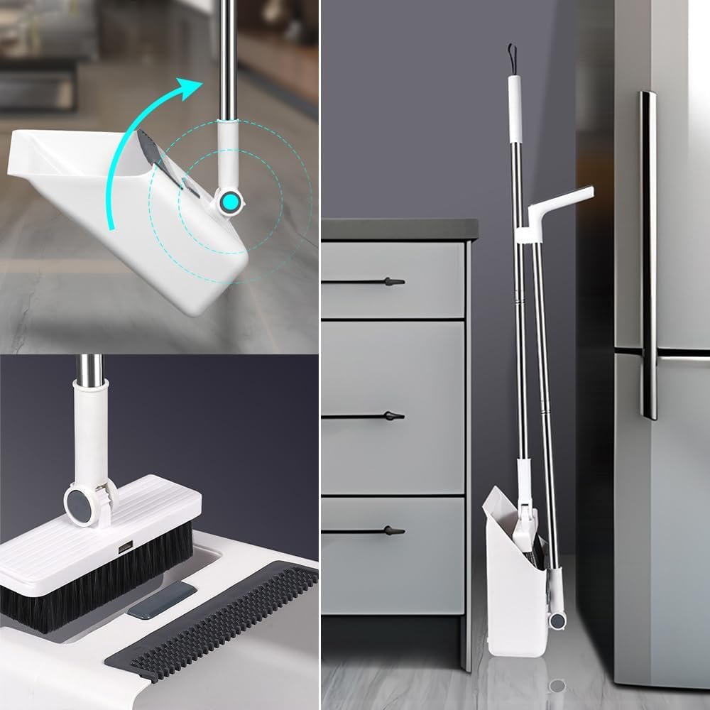 Upgrade Broom with Dustpan Combo Set,Long Handle Self-Cleaning Dust Pan and Brush Set 4-Row Dense Bristles,Indoor Broom Set (White) - Image 7