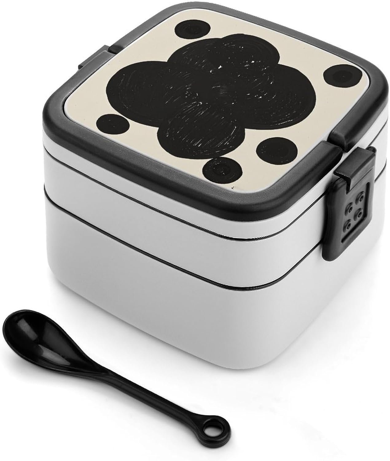 Black & White Big Dot Bento Box with Spoon, 2-layer Stackable Lunch Box Leak Proof with Invisible Handle, Insulated Food Storage for Office, Picnic & Travel - Image 2