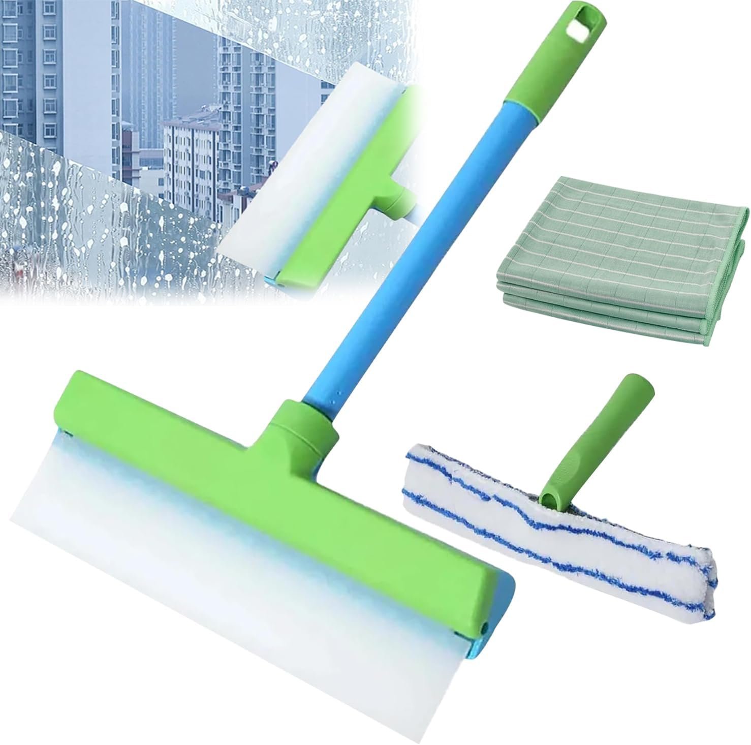 Recyclable Silicone Window Squeegee Kit with Washer & Microfiber Cloth - Eco-Friendly Window Cleaning Solution (Green+3 Rags) - Image 2