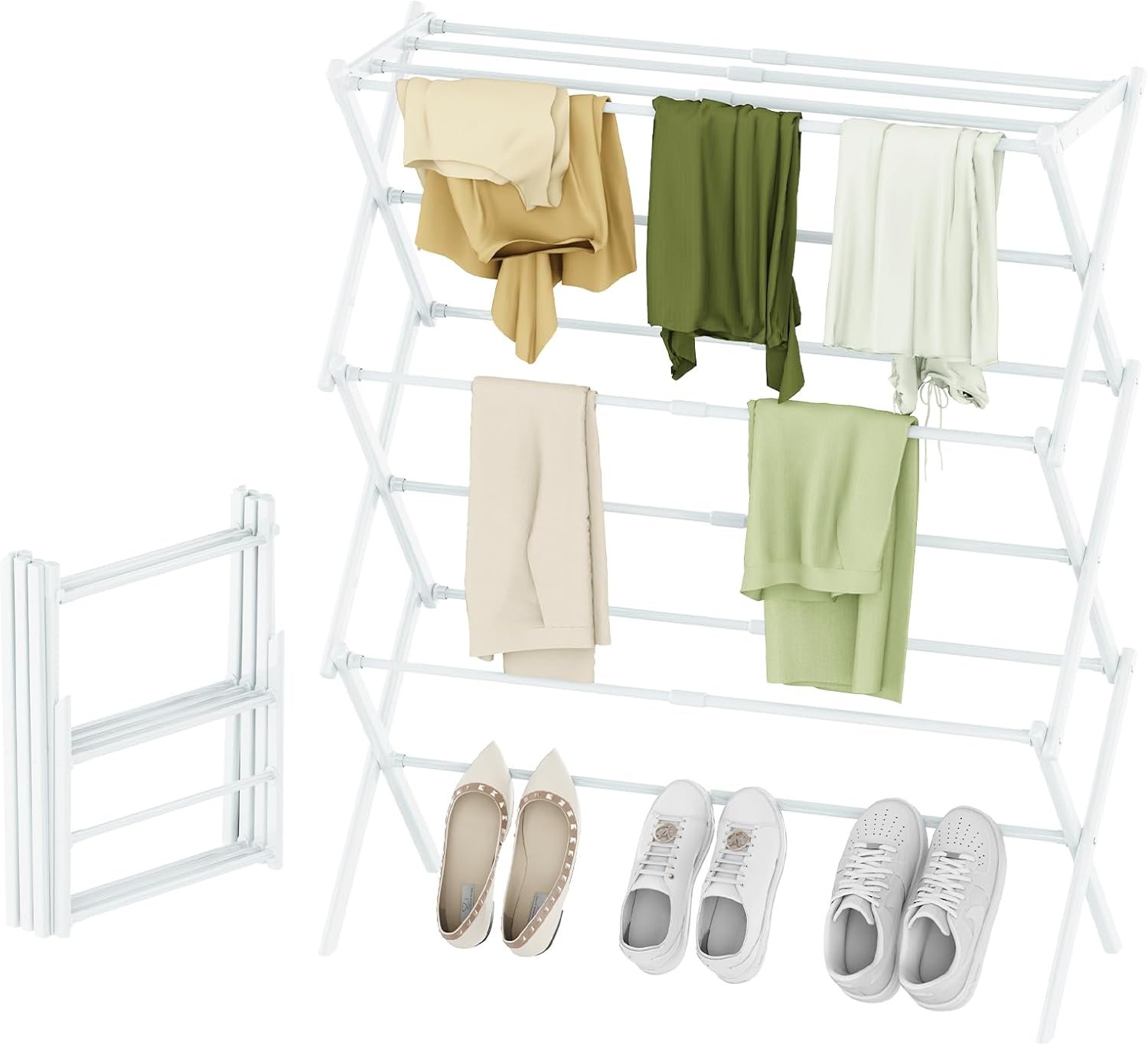 Foldable Drying Rack Clothing, 3-Tier Portable Clothes Drying Racks for Indoor & Outdoor, Anti-Rust Compact Laundry Rack Collapsible, White 29" D x 14" W x 41" H - Image 2