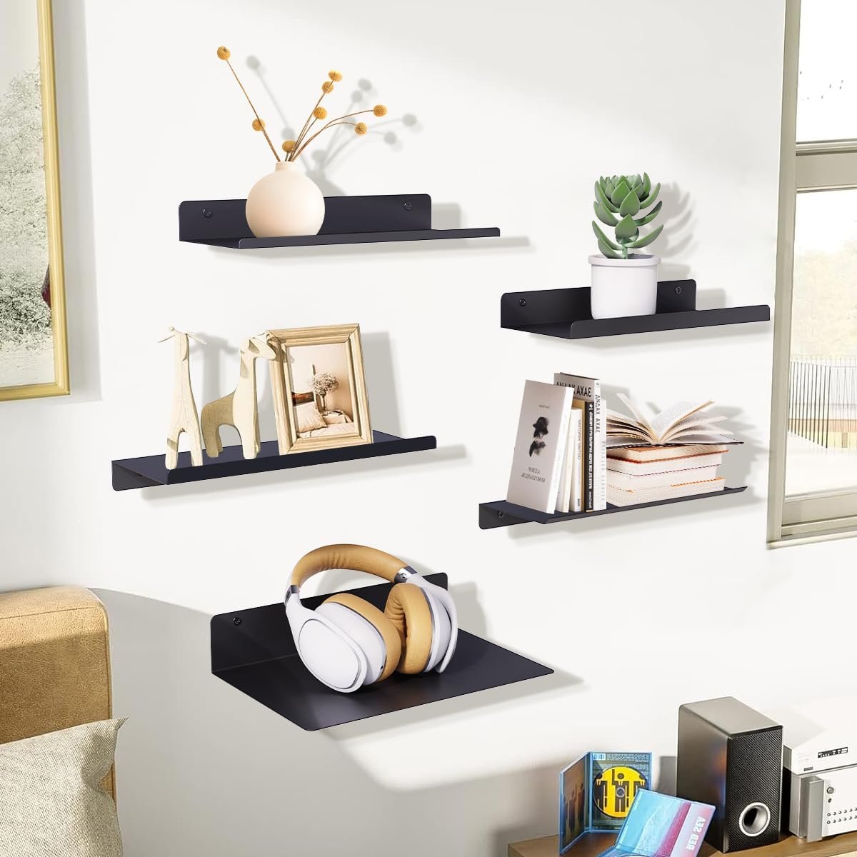 Floating Shelves for Wall Mounted for Bathroom,Metal Shelving Bedroom,Living Room,Kitchen,Small Hanging Shelf for Books/Storage Rack/Room Decor with 20lbs Capacity Black,12x5 inch(30x12cm) - Image 6
