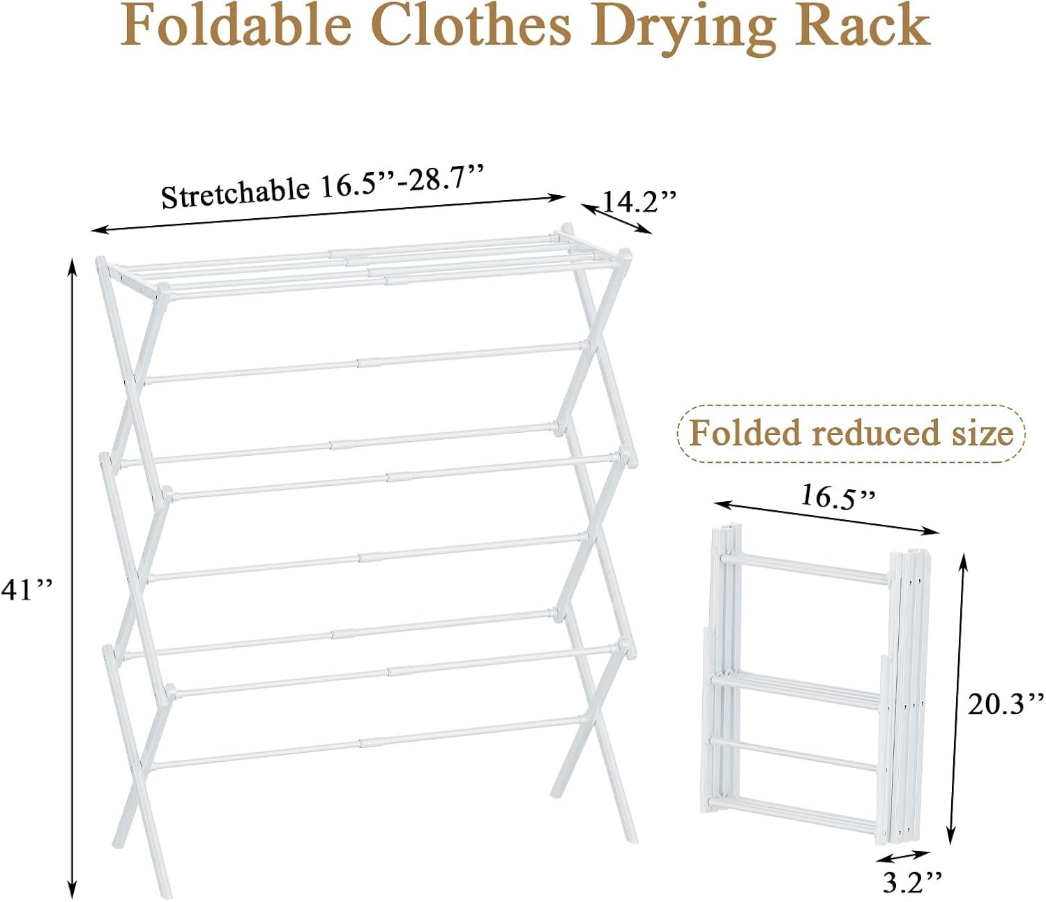 Foldable Drying Rack Clothing, 3-Tier Portable Clothes Drying Racks for Indoor & Outdoor, Anti-Rust Compact Laundry Rack Collapsible, White 29" D x 14" W x 41" H - Image 6