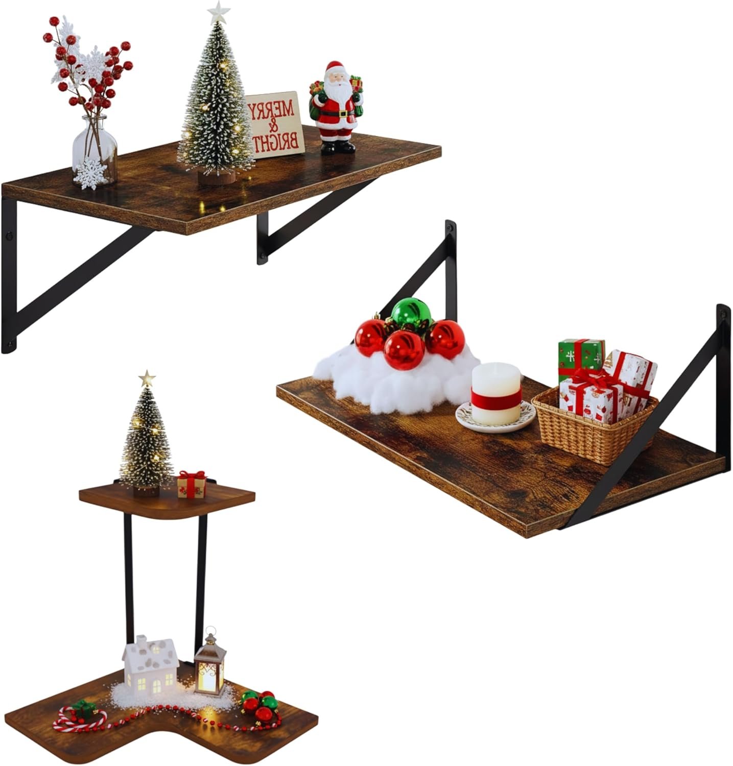 Rustic Brown Floating Shelves Set of 2 with Corner Shelf – Wood Wall Mounted Shelves for Kitchen, Bathroom, Living Room & Office Decor – Heavy Duty Storage Display, Easy Installation Included - Image 2