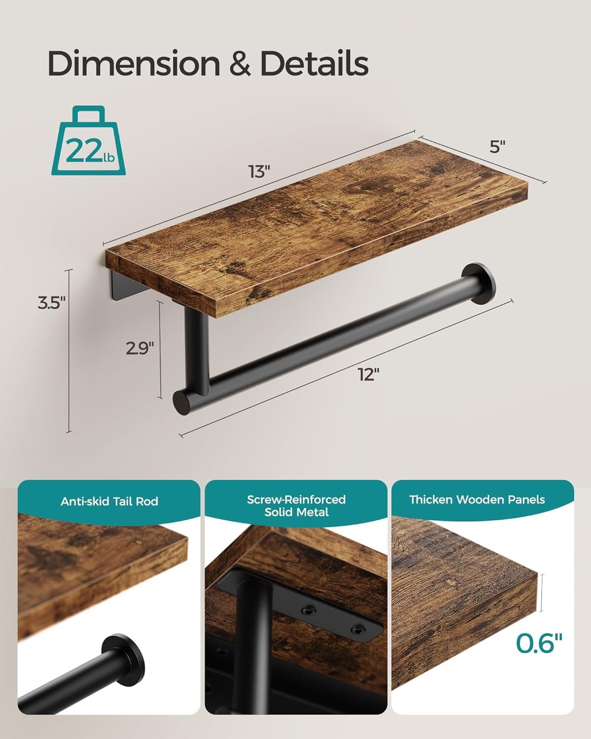 Paper Towel Holder Wall Mount with Shelf - Wooden Hanging Paper Towel Holder for Bathroom, Wall Mounted Hand Towel Holder, Paper Towel Rack for Bathroom, Kitchen, Laundry Room, Rustic Brown - Image 4