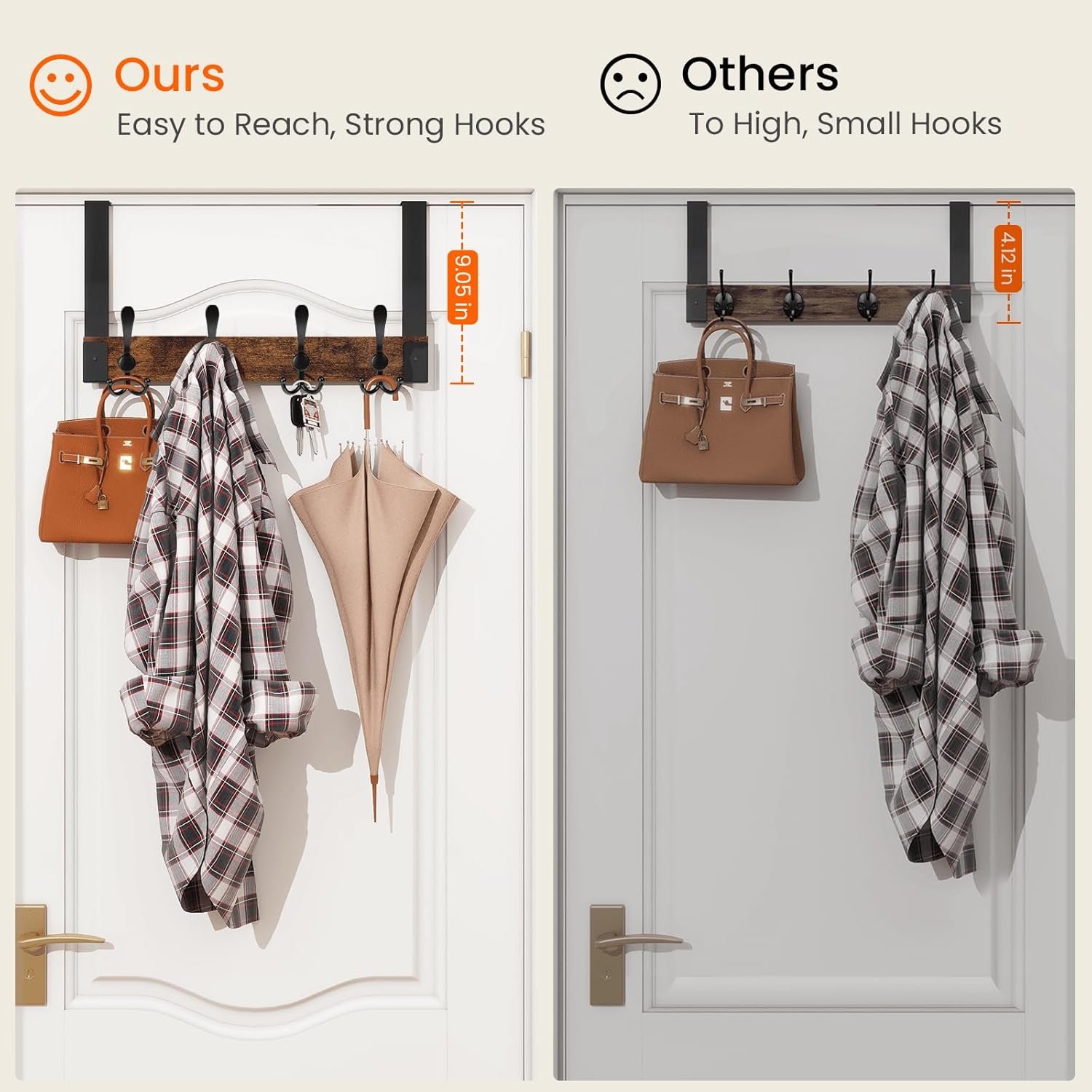 Homode Over The Door Hooks for Hanging, Heavy Duty Wood Over Door Hanger Hook, Over The Door Towel Coat Rack for Bathroom, Back of Door Hooks for Hanging Towels, Clothes, Hats, Rustic Brown Black - Image 9