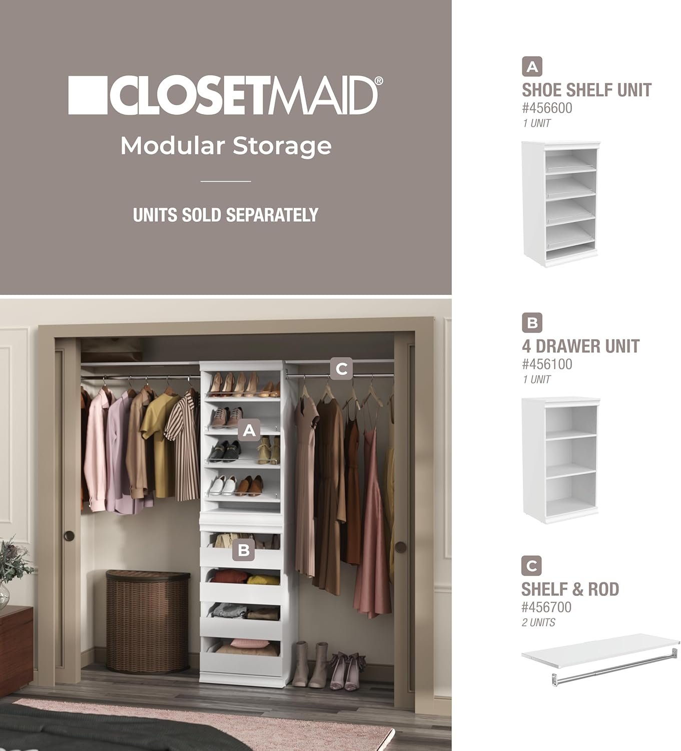 ClosetMaid Modular Shelf & Hang, Wood Organizer Adjustable Closet, Add On Storage Accessory, White, Shelf and Hang Rod Kit - Image 17