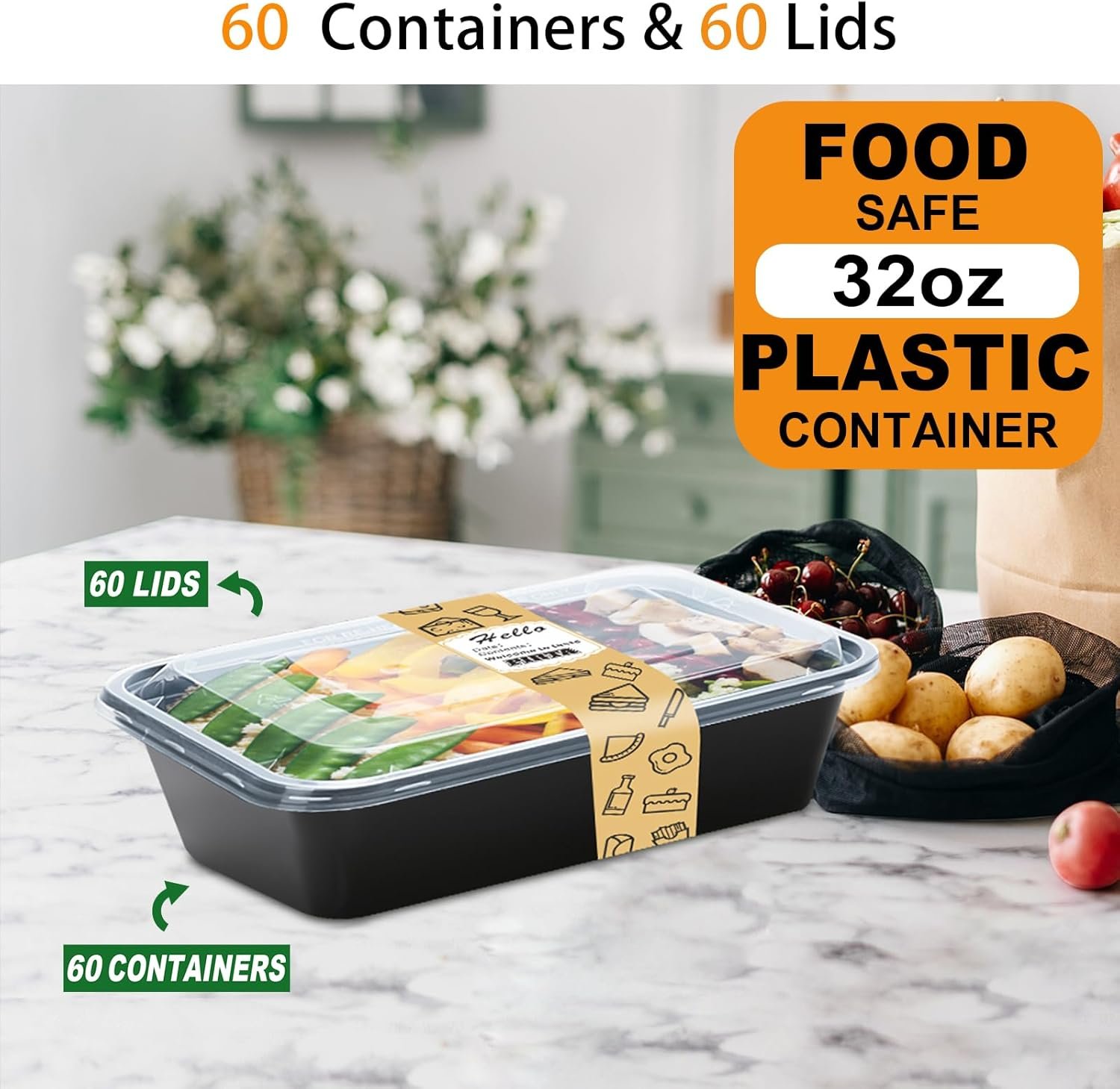 PIRTA 60 Pack 32 oz Meal Prep Containers Reusable with Lids, Food Safe, Leakproof, Microwave, Freezer, Dishwasher, To-Go Take Out, Plastic Food Storage Bento Lunch Box - Image 3