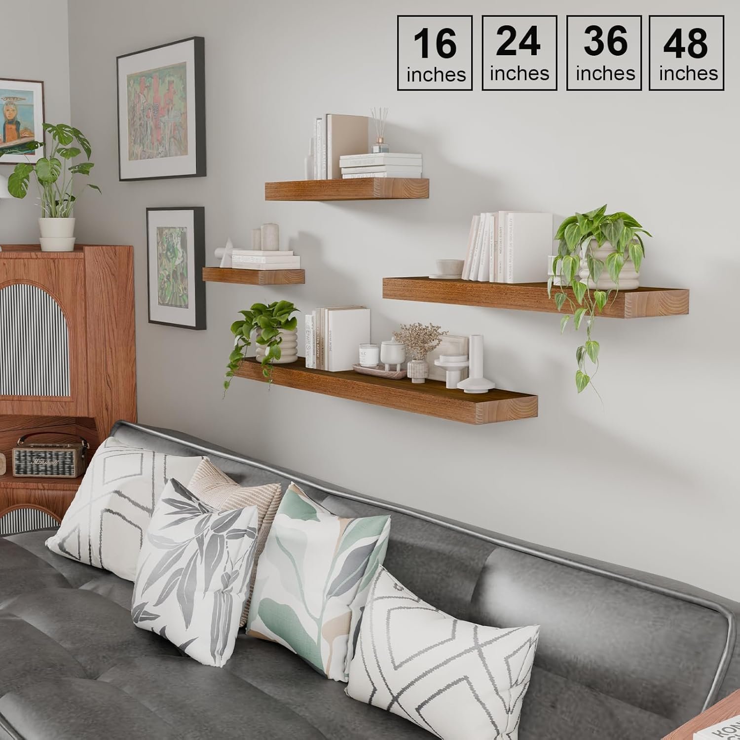 IAE Walnut Floating Wall Shelves 16 inch, Bathroom Shelves Wall Mounted,Invisible Shelf Floating Kitchen Shelves,Wooden Wall Shelving with Brackets for Living Room Wall Mounted,Easy Install,Set of 2 - Image 8