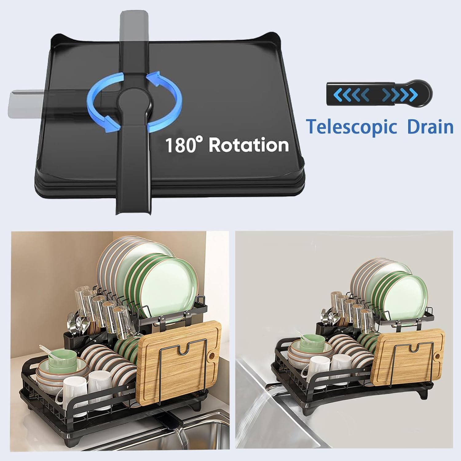 2-Tier Dish Drying Rack for Kitchen Counter - Large Collapsible Dish Rack with Drainboard, Rustproof & Non-Slip Design, Space Saving Dishwasher Rack Dish Drainer -Black - Image 3