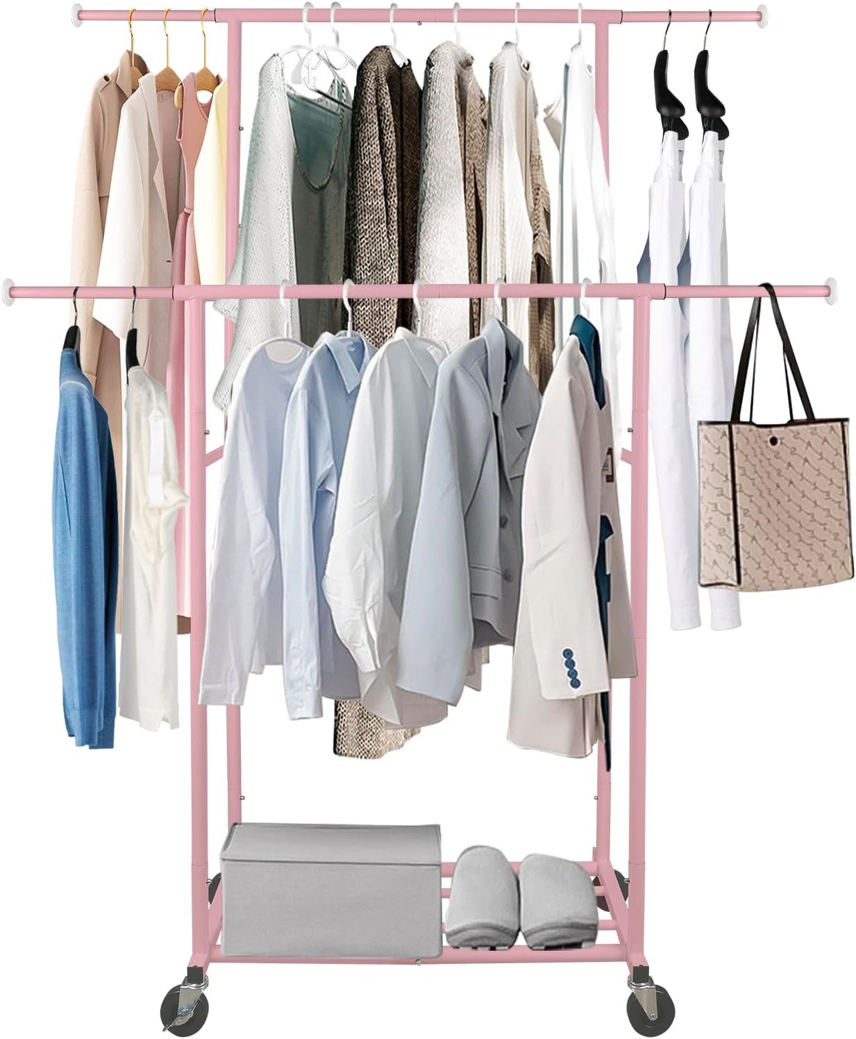 Portable Pink Double Rods Garment Rack with Rolling Clothes Organizer on Lockable Wheels Mobile for Gilr Women, 48" W x 15" D x 67" H, Metal Simple Hanging Clothes with 2 Hook - Image 7