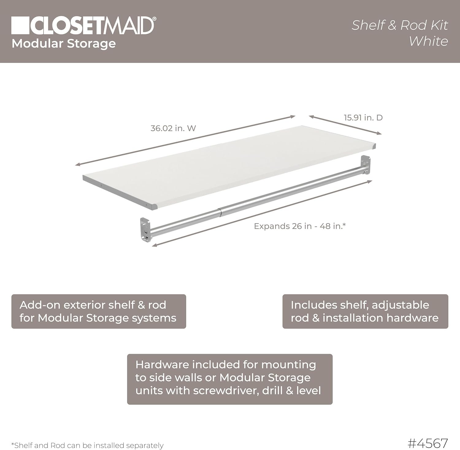 ClosetMaid Modular Shelf & Hang, Wood Organizer Adjustable Closet, Add On Storage Accessory, White, Shelf and Hang Rod Kit - Image 4