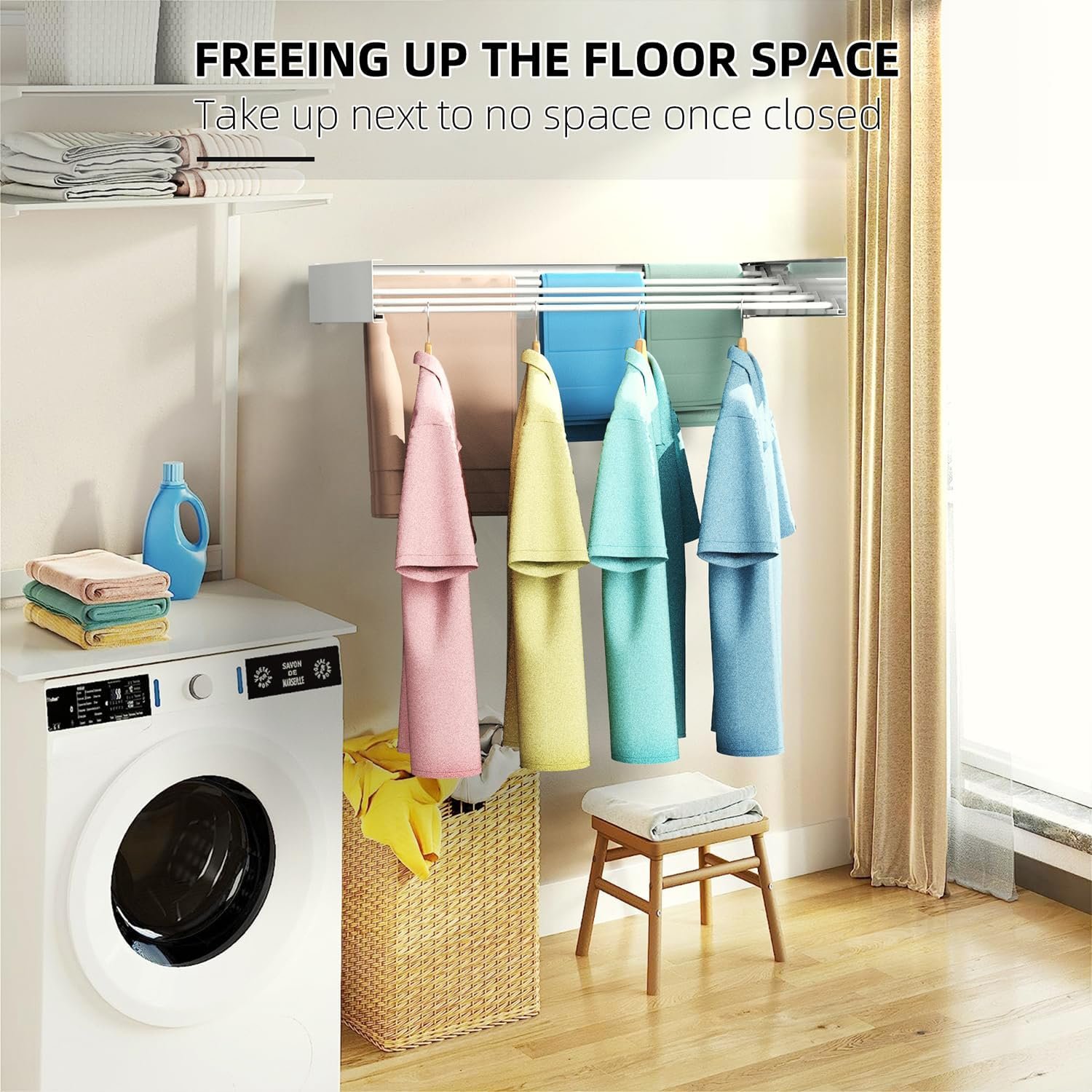 Laundry Drying Rack, Collapsible Wall Mounted Clothes Drying Rack - Drying Rack Clothing Foldable,Space Saving, 31.5" Wide, 13.2 Linear Ft, 5 Aluminum Rods, 60 lb Capacity (White, 23.6") - Image 7