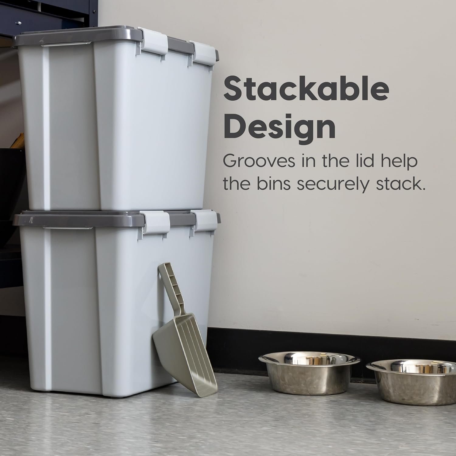 IRIS USA Stackable Dog Food Storage Container with 2 Cup Scoop, 4 Secure Latches, Fits up to 30 lbs, Pet Dry Food Bin, Gasket Seal Lid, BPA Free, Stackable, Easy Measure, Gray/Dark Gray - Image 5