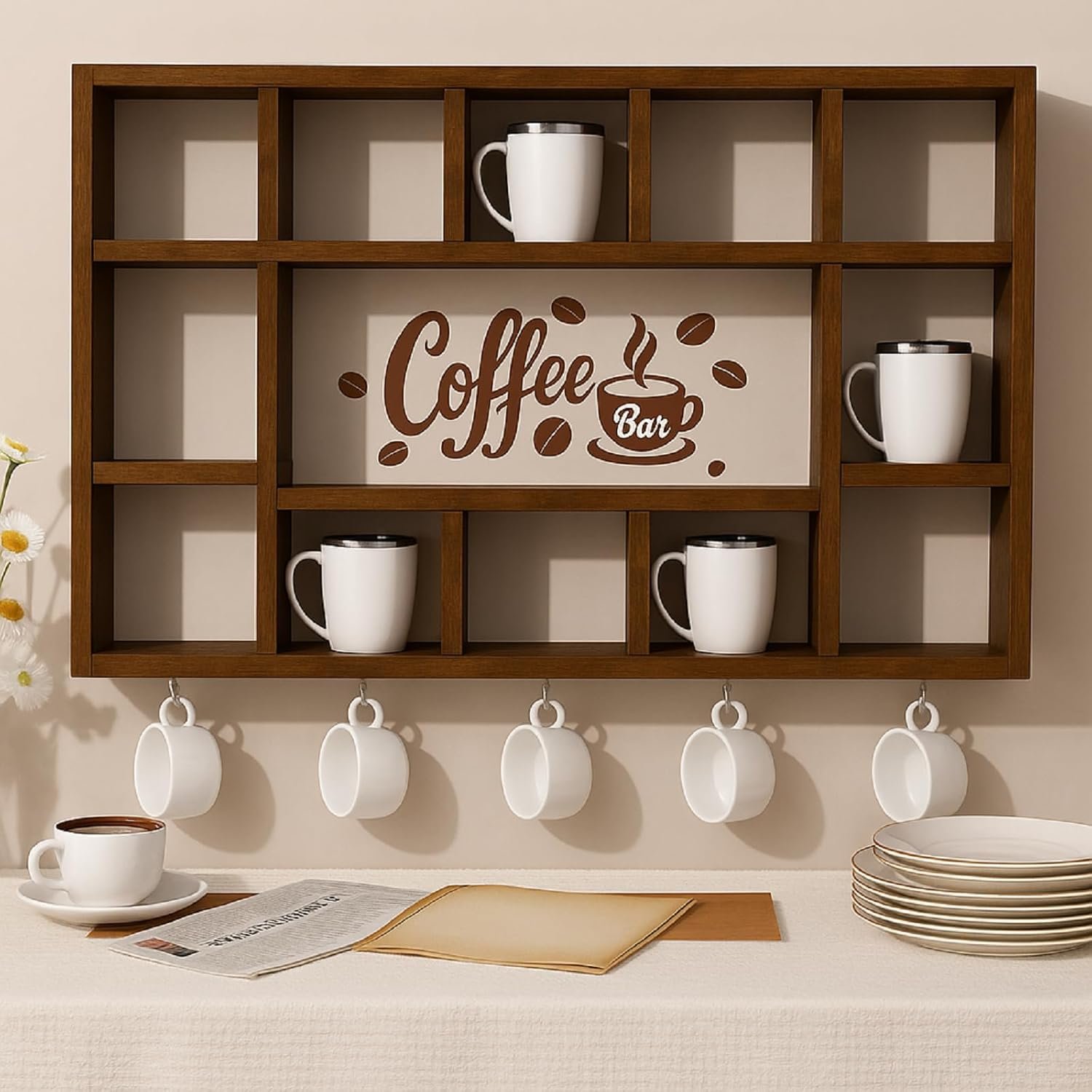 Oversize Coffee Mug Display Shelf for Wall Wood Coffee Mug Rack Wall Mounted Shelf Cubes Cup Hooks Hanger with Bar Sign Decor for Kitchen Station Bar Accessories(Rustic Brown) - Image 2