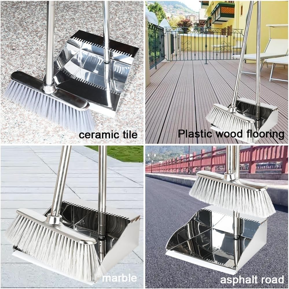 Metal Dustpan with Broom Set, Long Handle Stainless Steel Dustpan,Heavy Duty Standing Dust Pan with Teeth, Indoor Outdoor Up for Home Kitchen Lobby Room Office - Image 9
