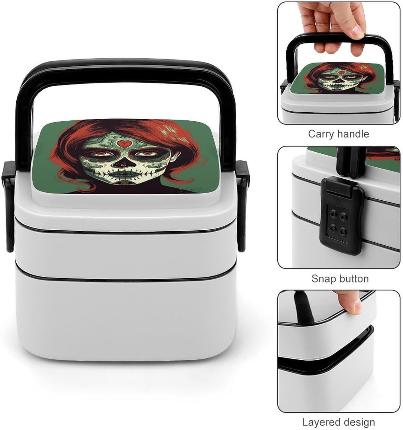 Skull Makeup Bento Box with Spoon, 2-layer Stackable Lunch Box Leak Proof with Invisible Handle, Insulated Food Storage for Office, Picnic & Travel - Image 6