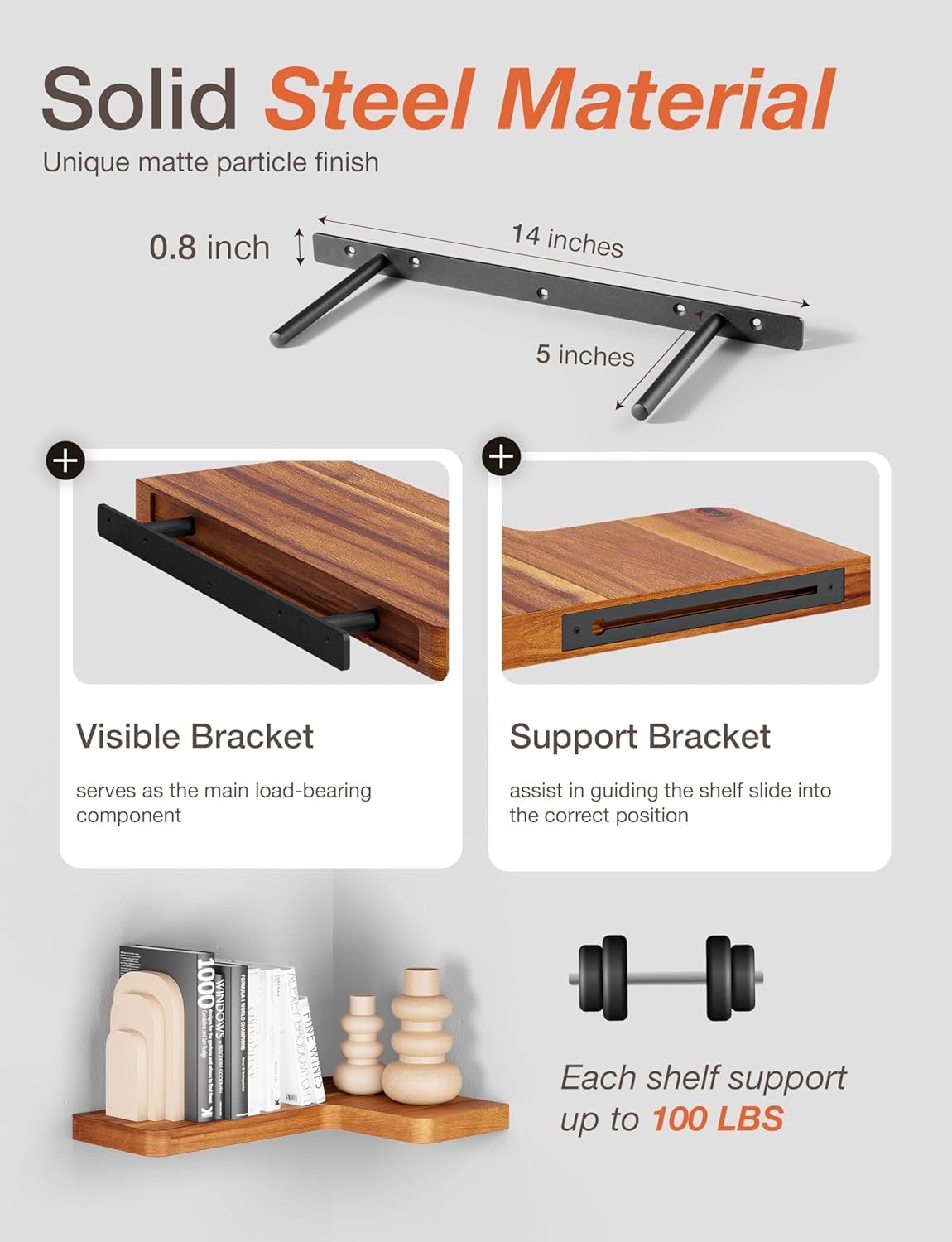 BATODA Acacia Wood Corner Floating Shelves 17" x 12"– Corner Shelf Wall Mounted - Floating Book Shelves for Wall - Brackets and Shelving Hardware Included for Kitchen, Living Room, Bathroom (Set 2) - Image 4