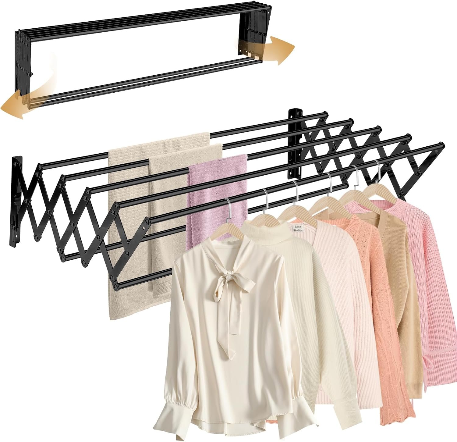 XL-31.5'' Wall Mounted Clothes Drying Rack, 130 lbs Large Capacity Rustproof Retractable Collapsible Drying Rack Easy Install with 7 Drying Rods, Space Saving Towel Clothes Rack for Laundry-Black - Image 2